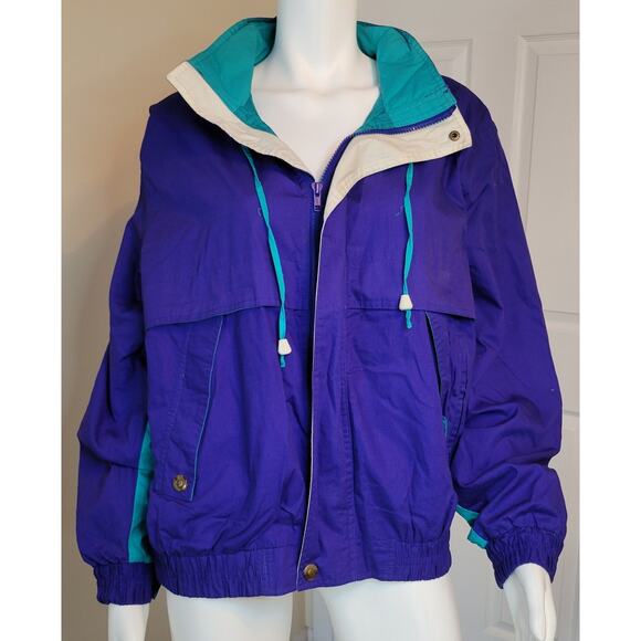 VTG 90s Eagles Ridge Blue Teal Color Block Windbreaker Retractable Hood Size M - Picture 1 of 9